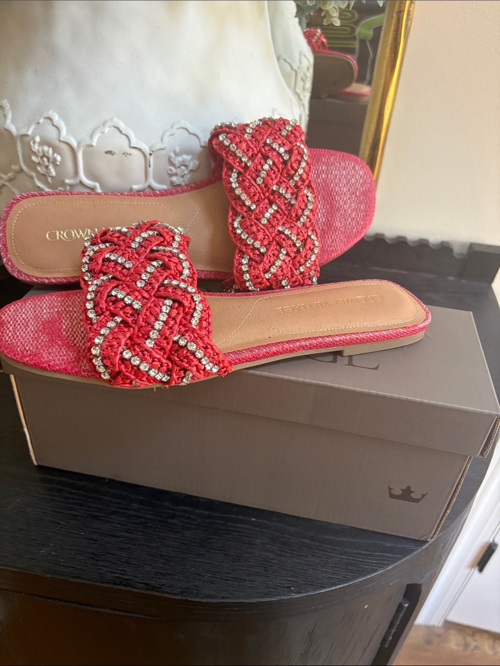 Crown Vintage Red Braided Beaded Slide Sandals